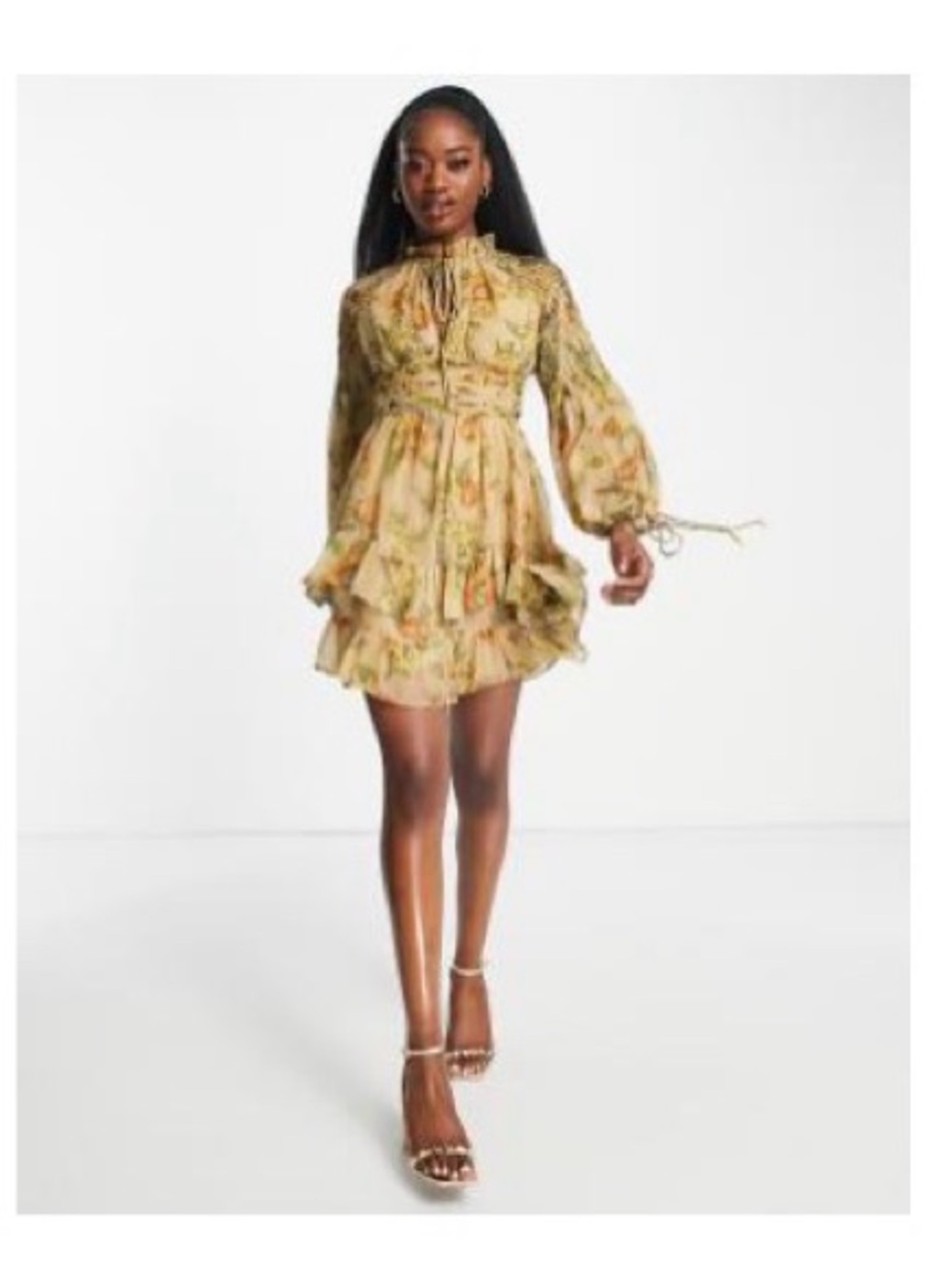 Floral Ruffle Tie-Neck Mini Dress